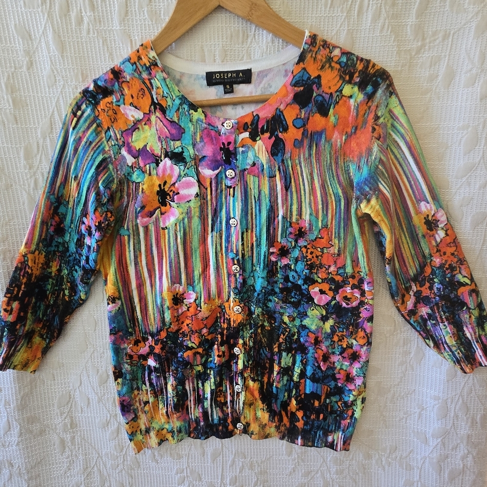 Joseph A Vibrant Floral Striped Button Down Top Cardigan , Size S